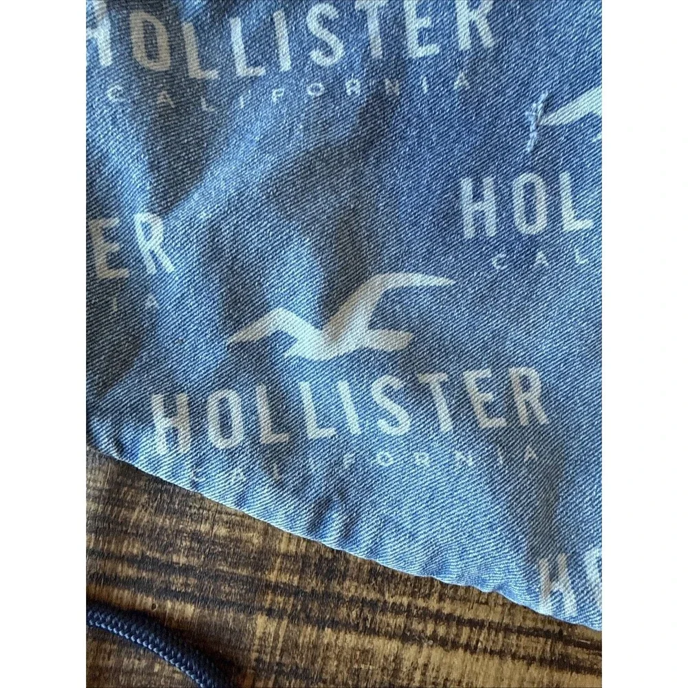 Hollister Blue Denim Drawstring Backpack Bag White Logo Y2K Sack Gym School Bag